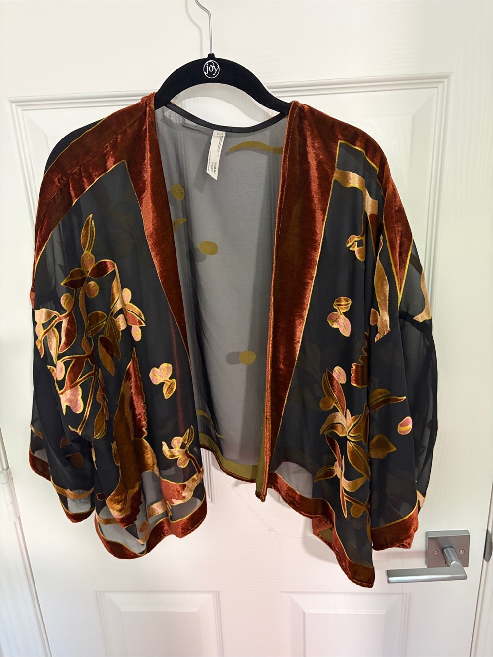 Anthropologie Sheer Black Kimono Jacket with Rust Velvet Trim